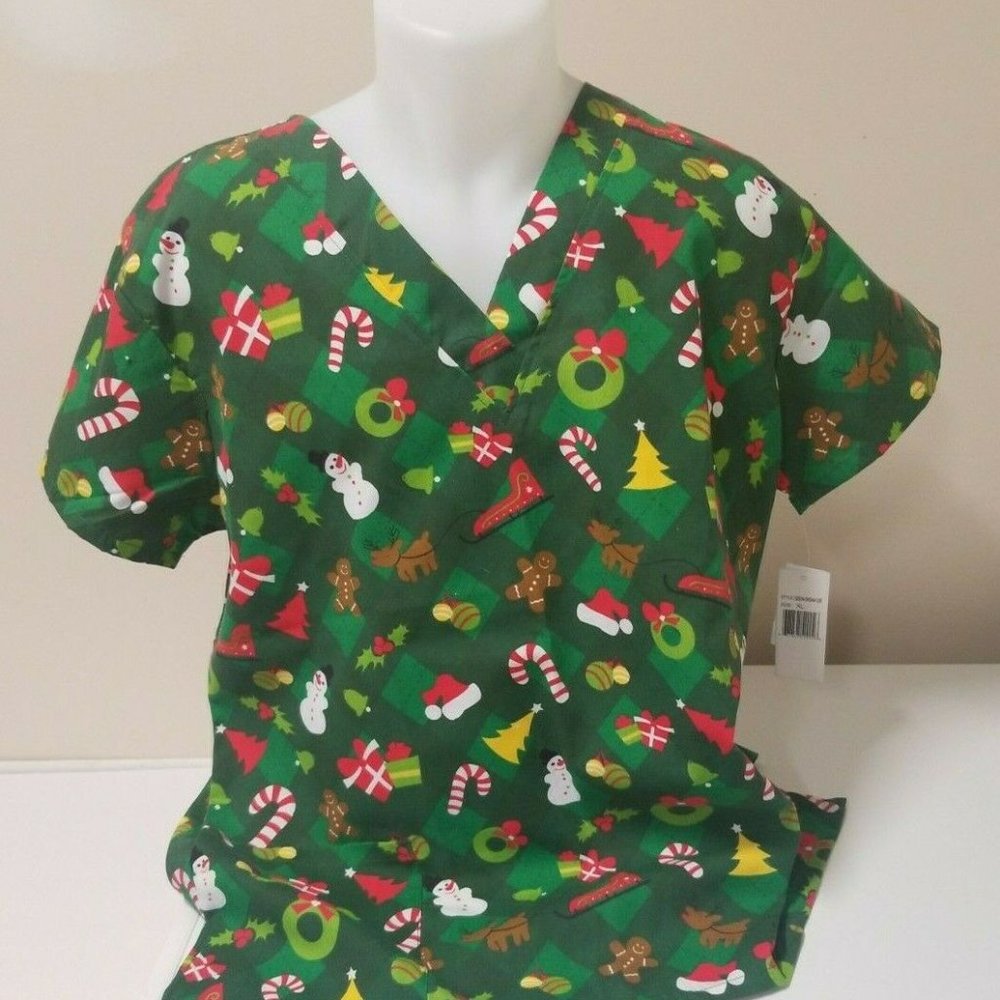 Christmas Nursing Scrubs Candy Cane Tree V Neck Sl